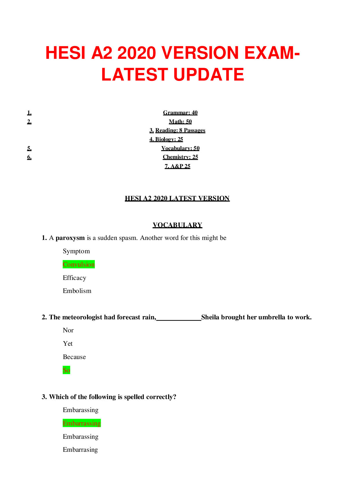 Preview of HESI A2 2020 VERSION EXAMLATEST UPDATE